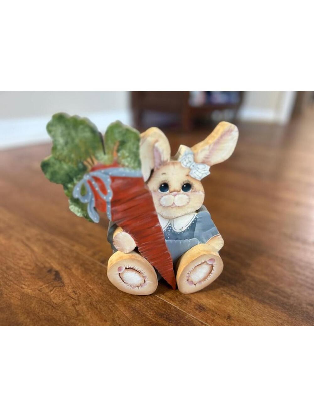 Hand-Painted Wooden Bunny Figurine Holding Carrot